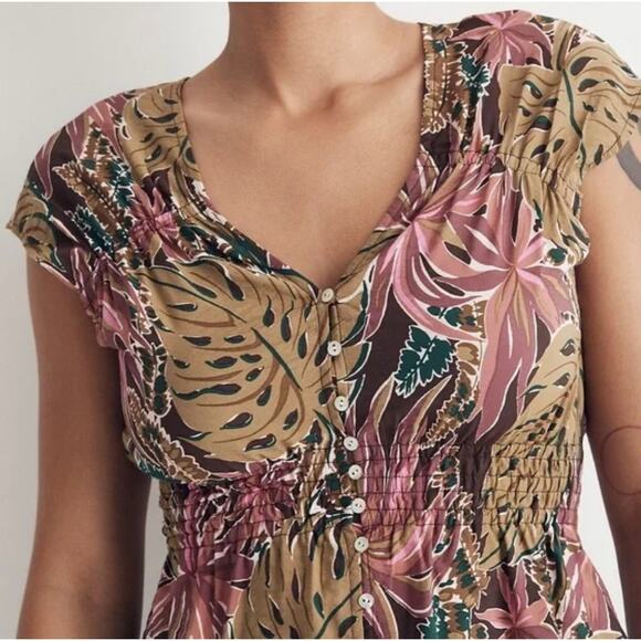 Madewell Top Womens XXL Green Pink Tropical Floral Linen Blend Cap Sleeve Summer - Picture 4 of 15